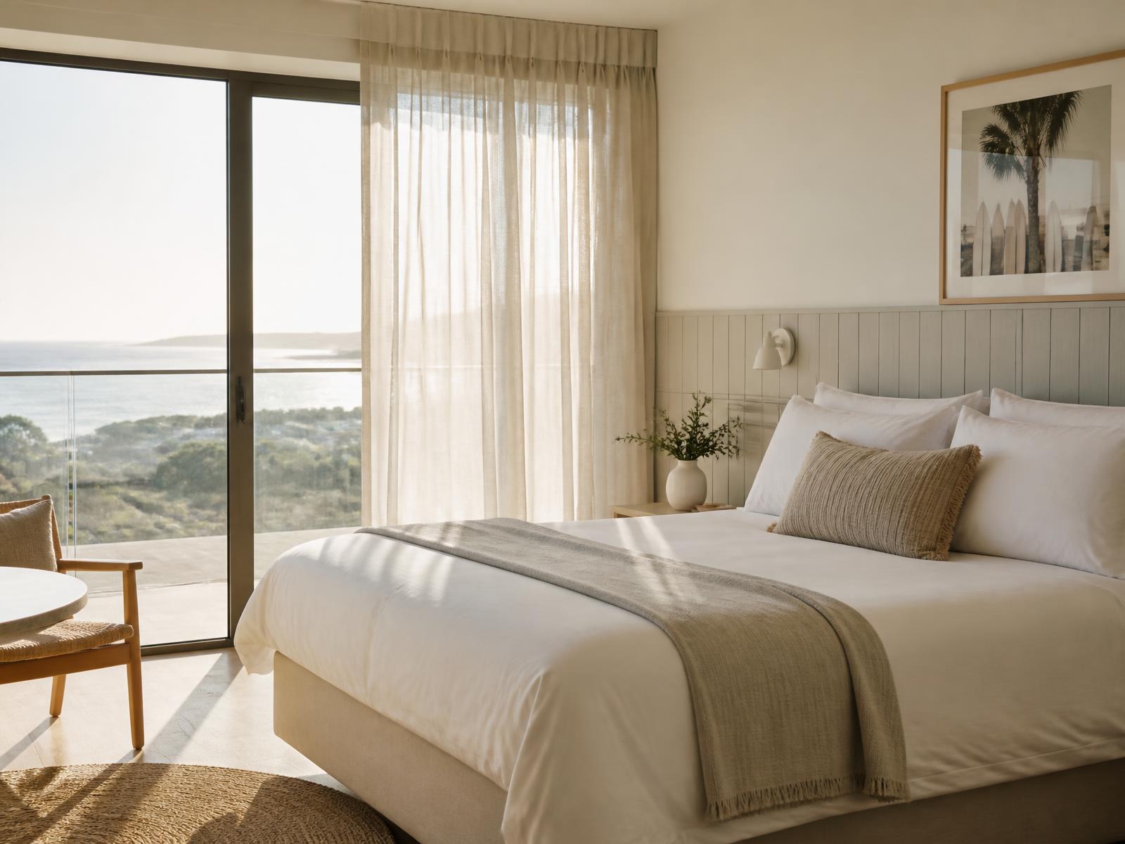 Sunlit coastal apartment bedroom with freshly made white linen