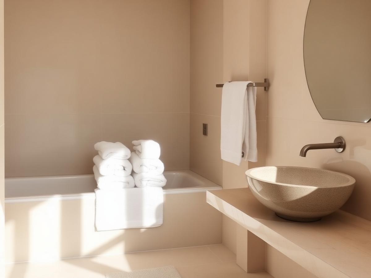 Pristine bathroom with folded white towels